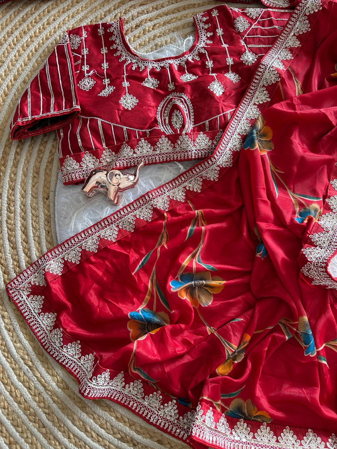 Peachmode Red Rich Look Silk Saree with Printed and Embroidered Border Work - Image 4