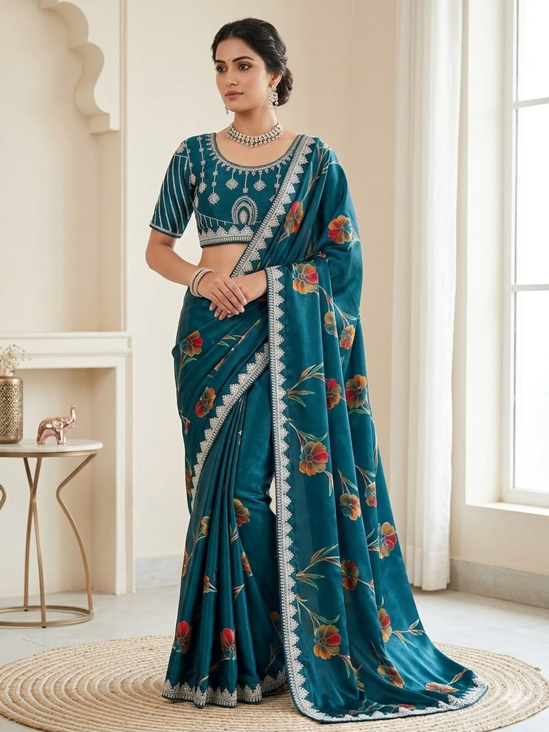 Peachmode Blue Rich Look Silk Saree with Printed and Embroidered Border Work - Image 1