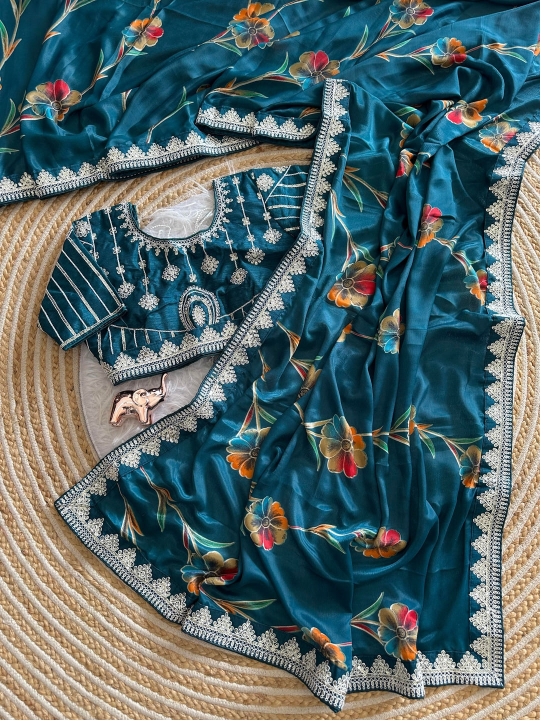 Peachmode Blue Rich Look Silk Saree with Printed and Embroidered Border Work - Image 3