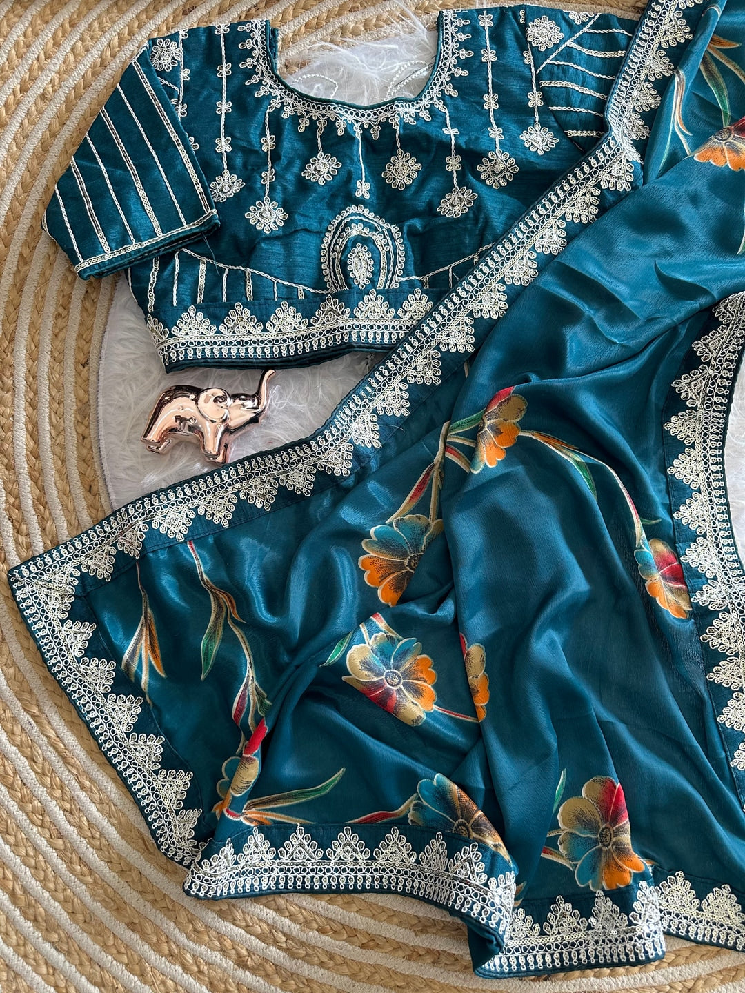 Peachmode Blue Rich Look Silk Saree with Printed and Embroidered Border Work - Image 5