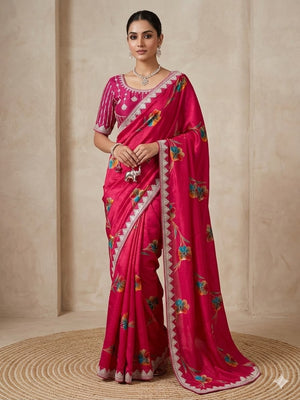 Peachmode Magenta Rich Look Silk Saree with Printed and Embroidered Border Work - Image 1
