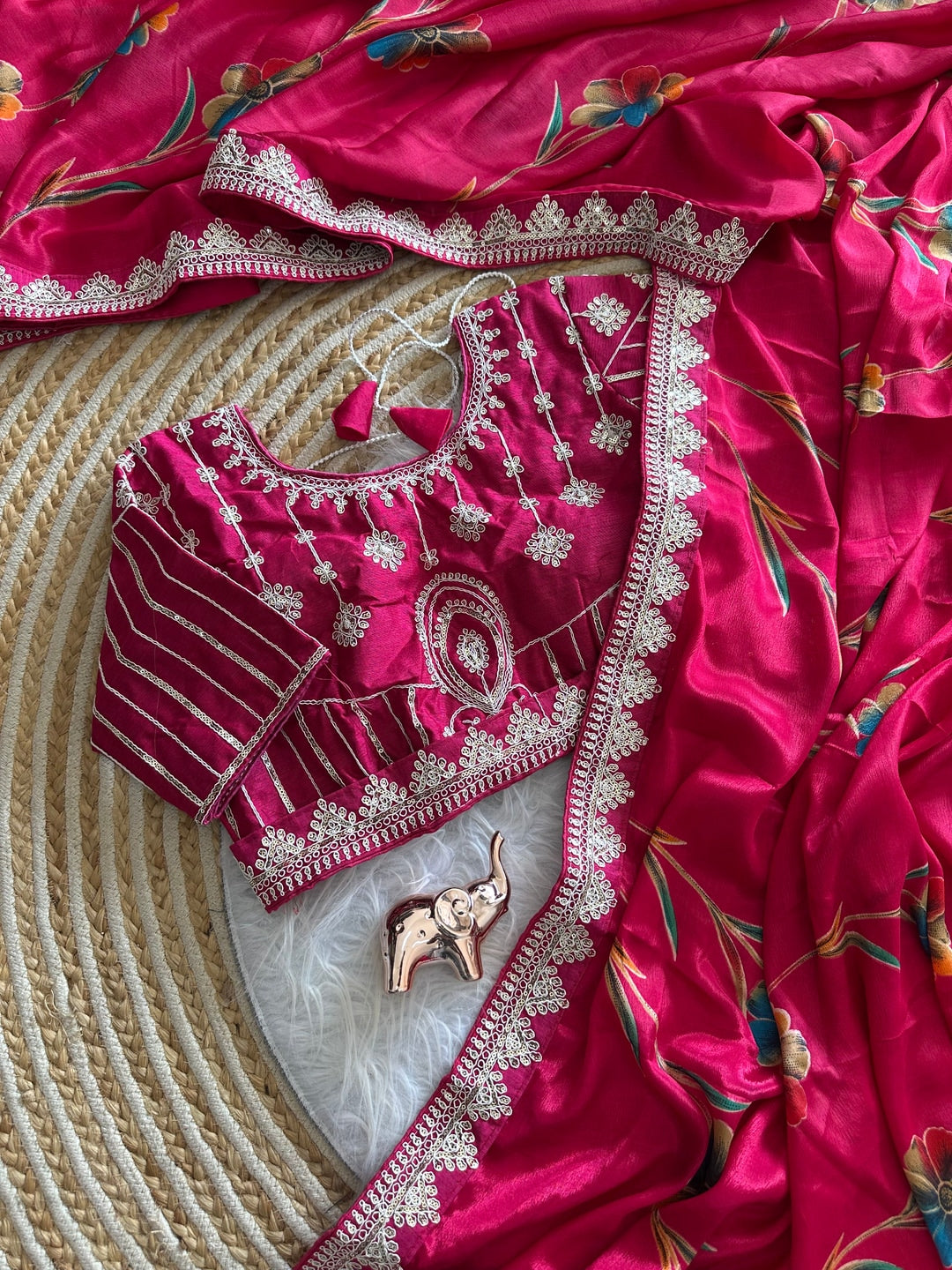 Peachmode Magenta Rich Look Silk Saree with Printed and Embroidered Border Work - Image 3