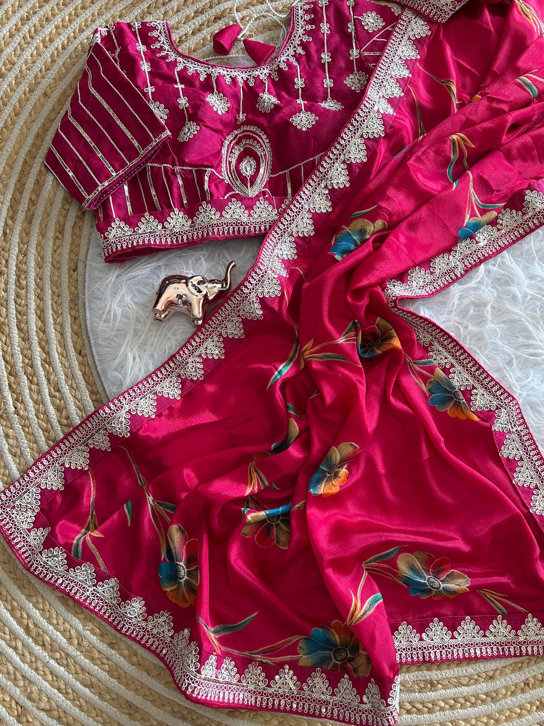 Peachmode Magenta Rich Look Silk Saree with Printed and Embroidered Border Work - Image 4