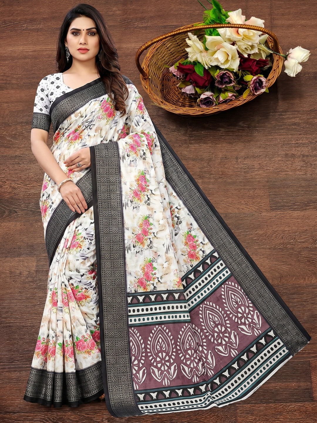 White & Black Floral Digital Printed Cotton Silk Saree - Image 1