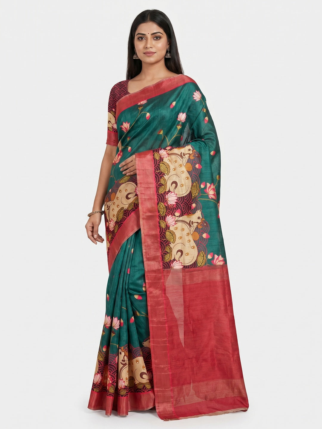 Rama Green Floral Digital Printed Tussar Silk Saree - Image 1