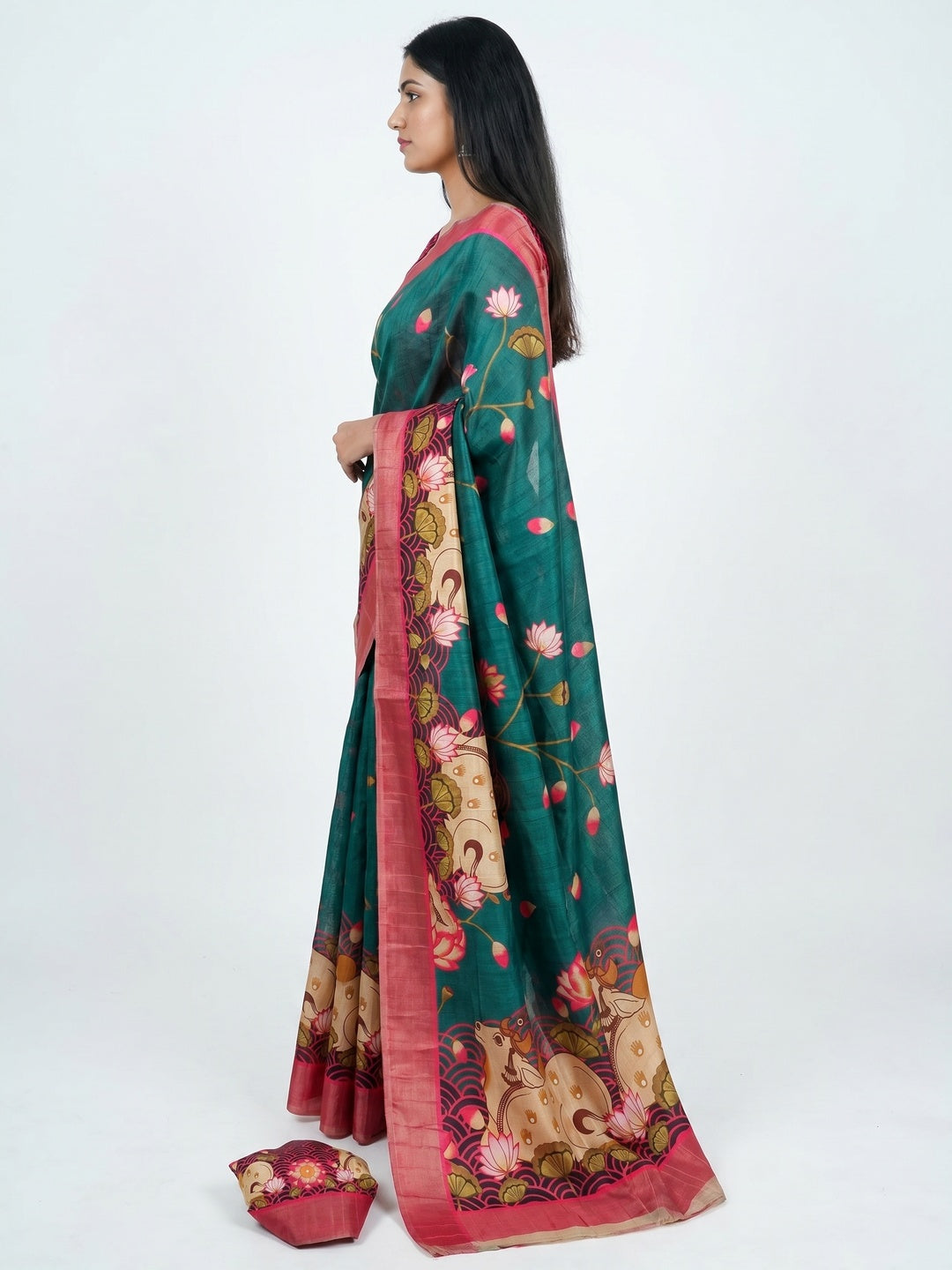 Rama Green Floral Digital Printed Tussar Silk Saree - Image 3