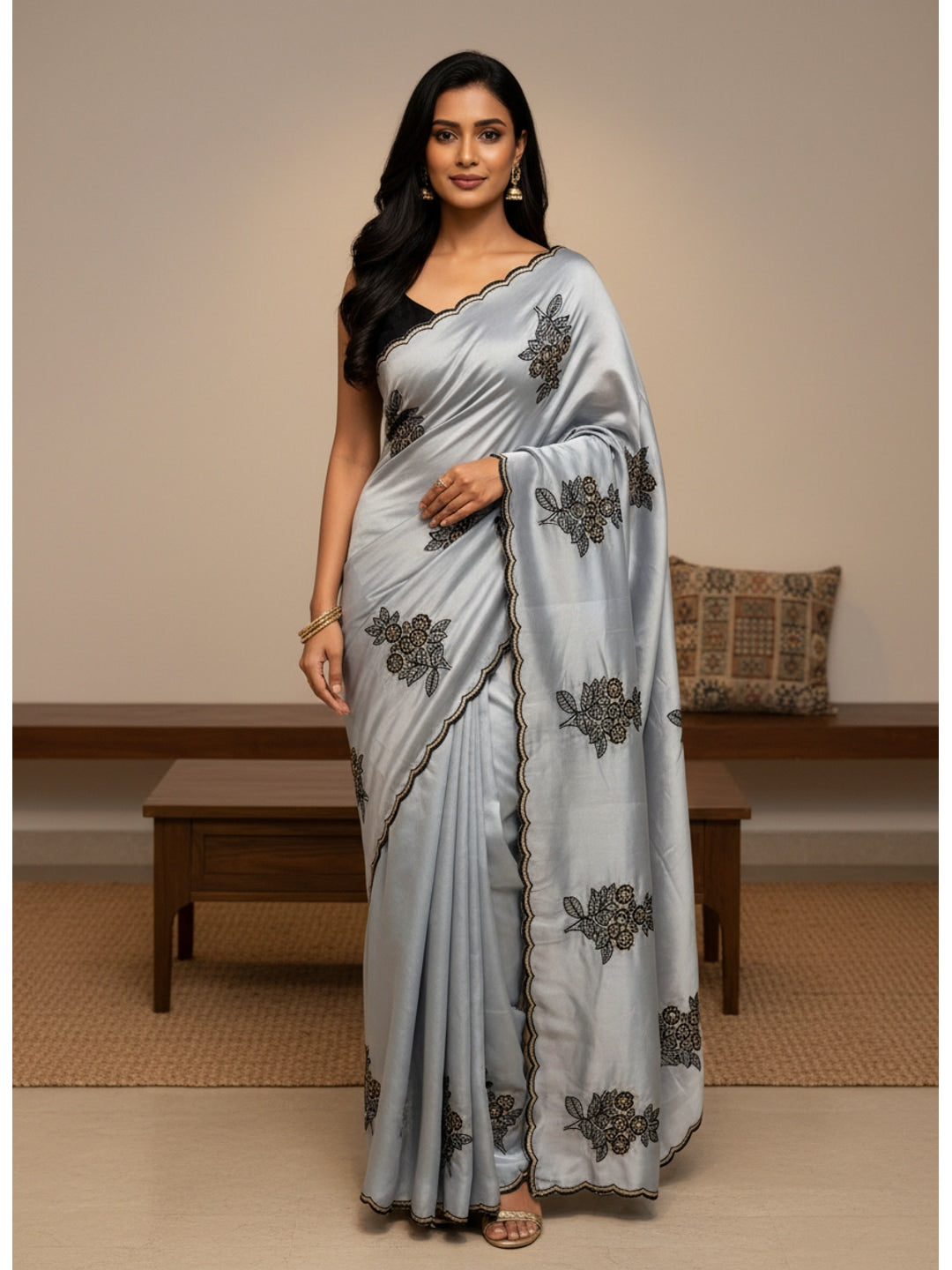 Peachmode Grey Rangoli Silk Saree with Mirror and Embroidery Work - Image 1