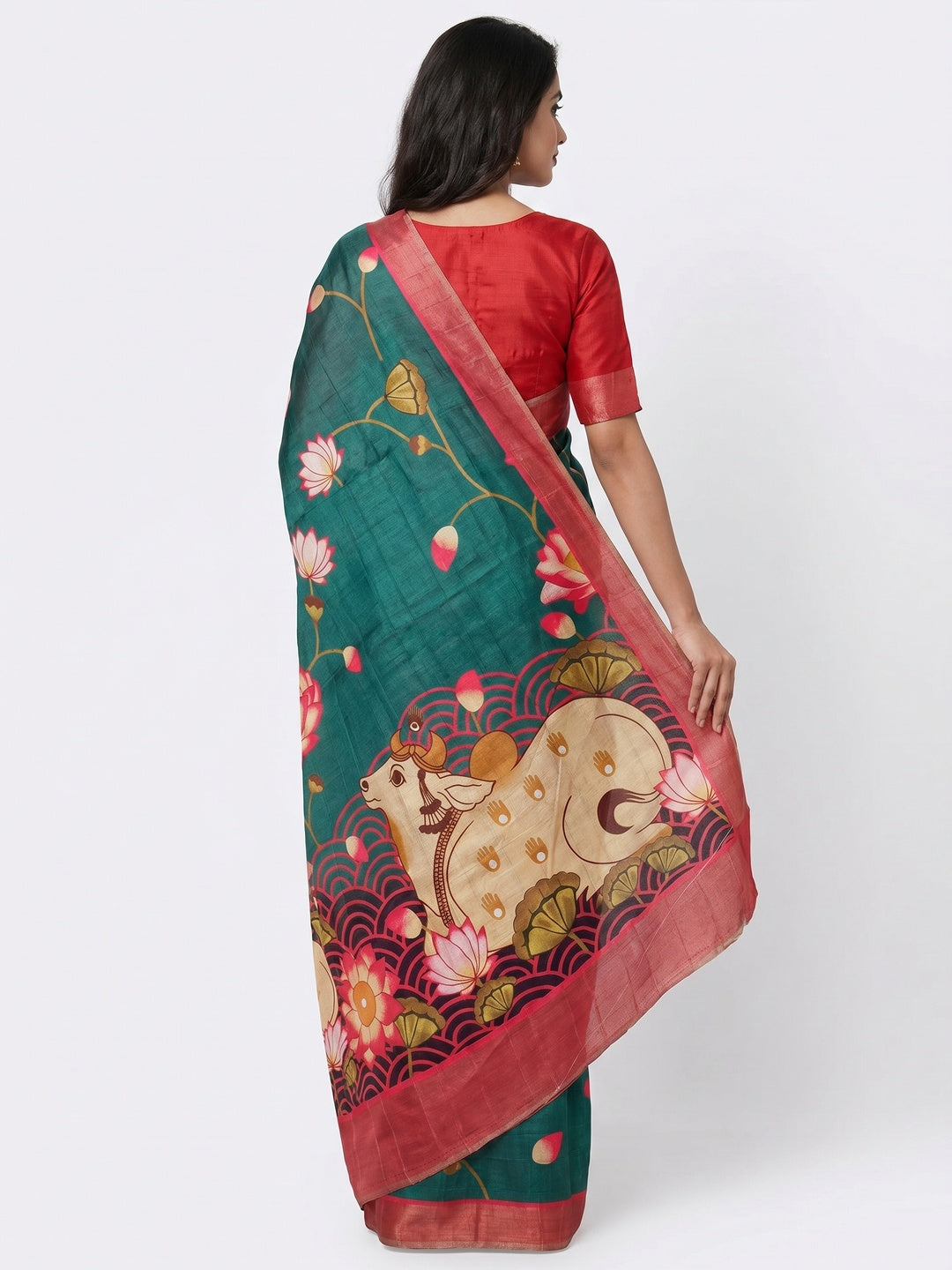 Rama Green Floral Digital Printed Tussar Silk Saree - Image 2