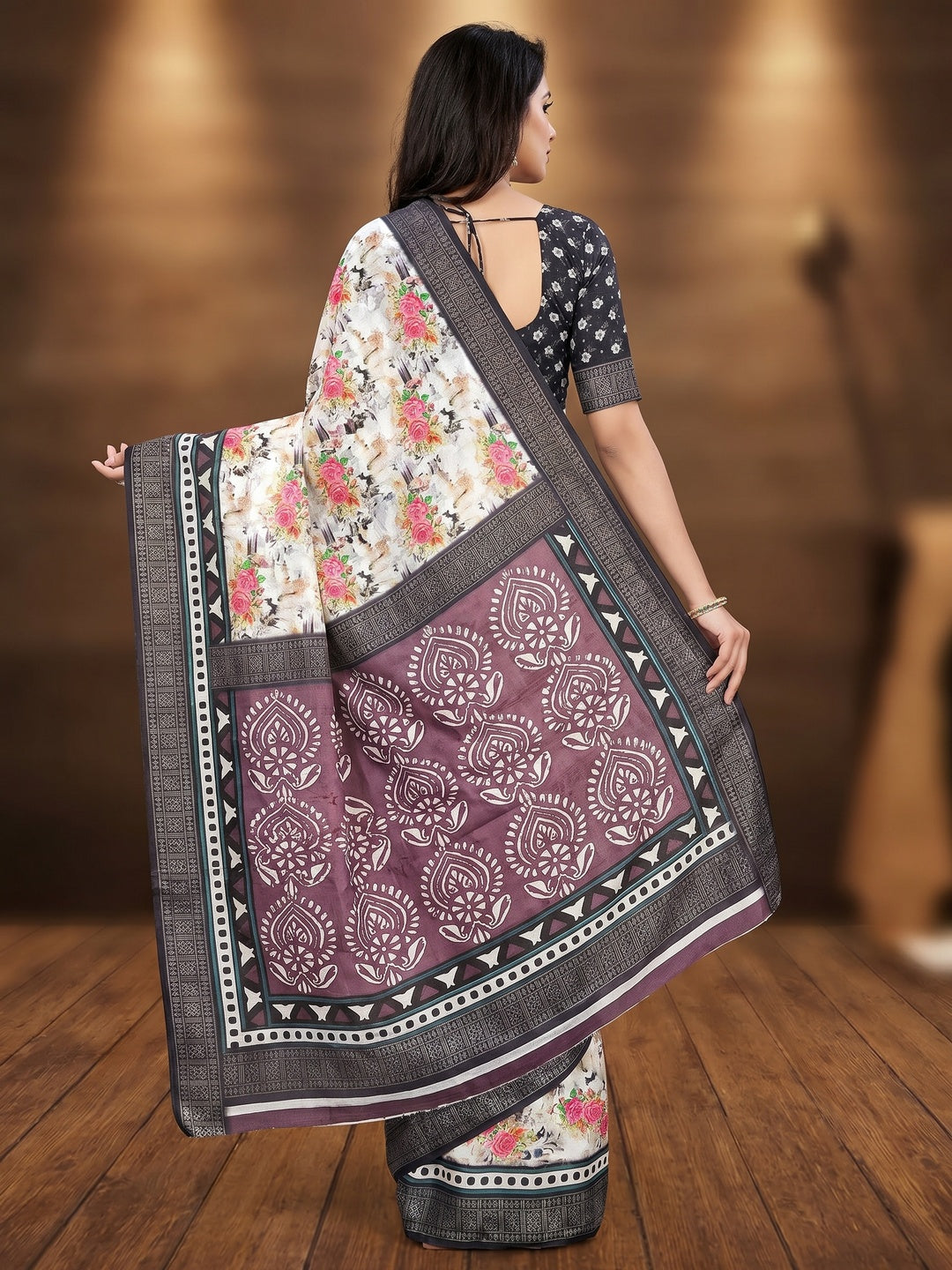 White & Black Floral Digital Printed Cotton Silk Saree - Image 2