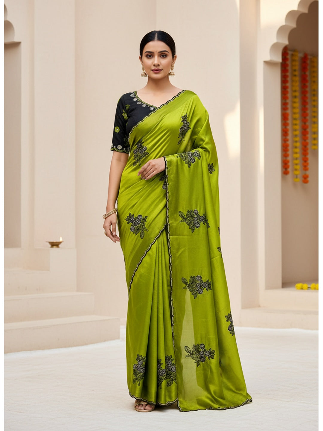 Peachmode Green Rangoli Silk Saree with Mirror and Embroidery Work - Image 1