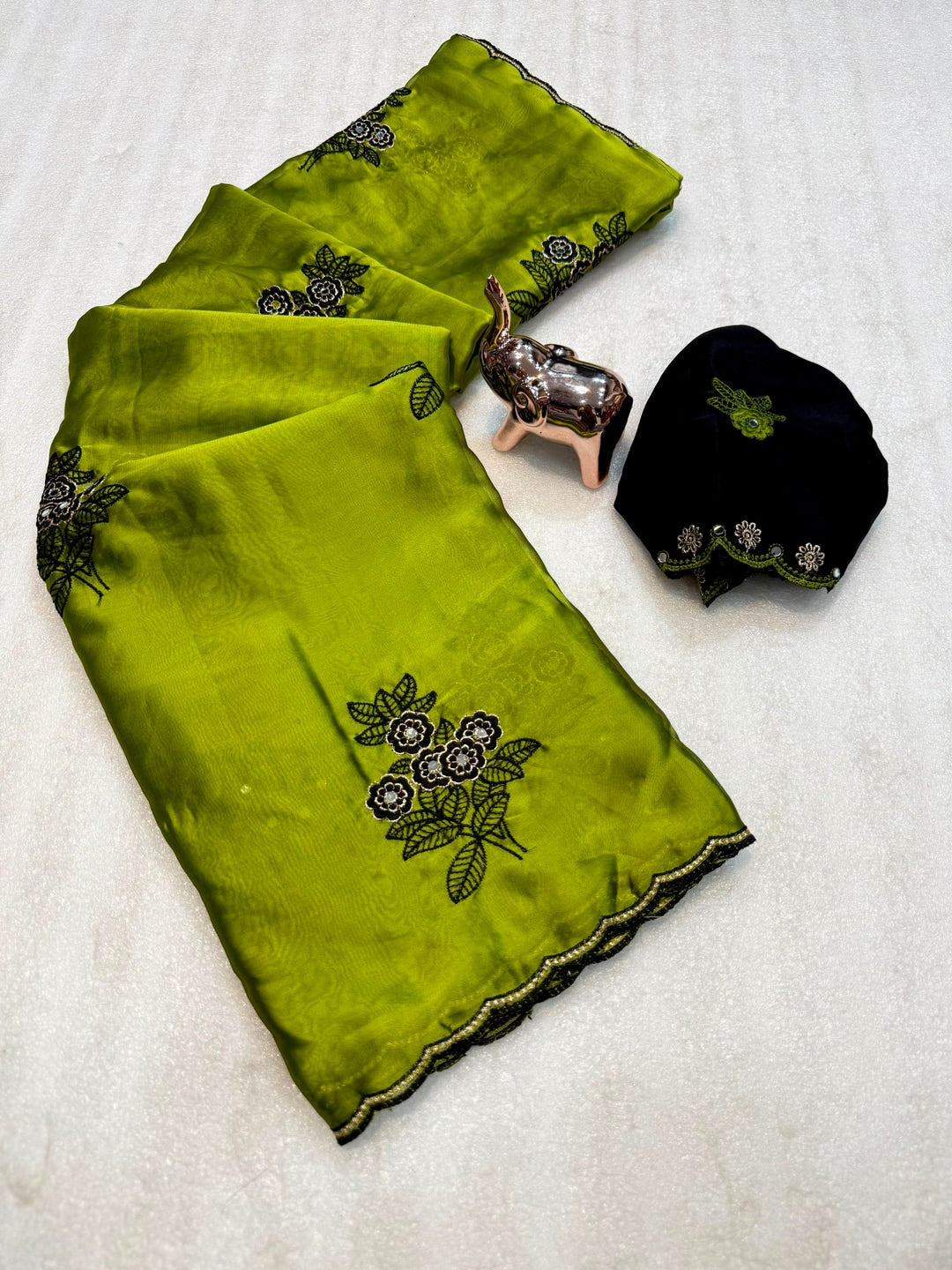 Peachmode Green Rangoli Silk Saree with Mirror and Embroidery Work - Image 2