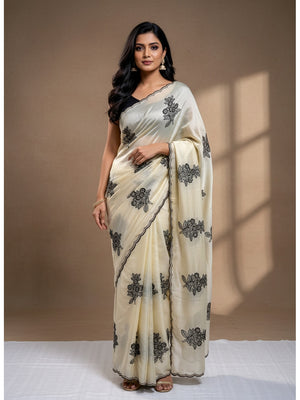 Peachmode Cream Rangoli Silk Saree with Mirror and Embroidery Work - Image 1