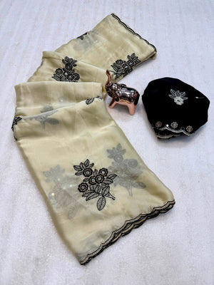 Peachmode Cream Rangoli Silk Saree with Mirror and Embroidery Work - Image 2