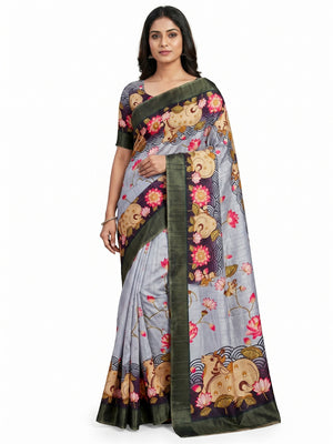 Grey & Black Floral Digital Printed Tussar Silk Saree - Image 1