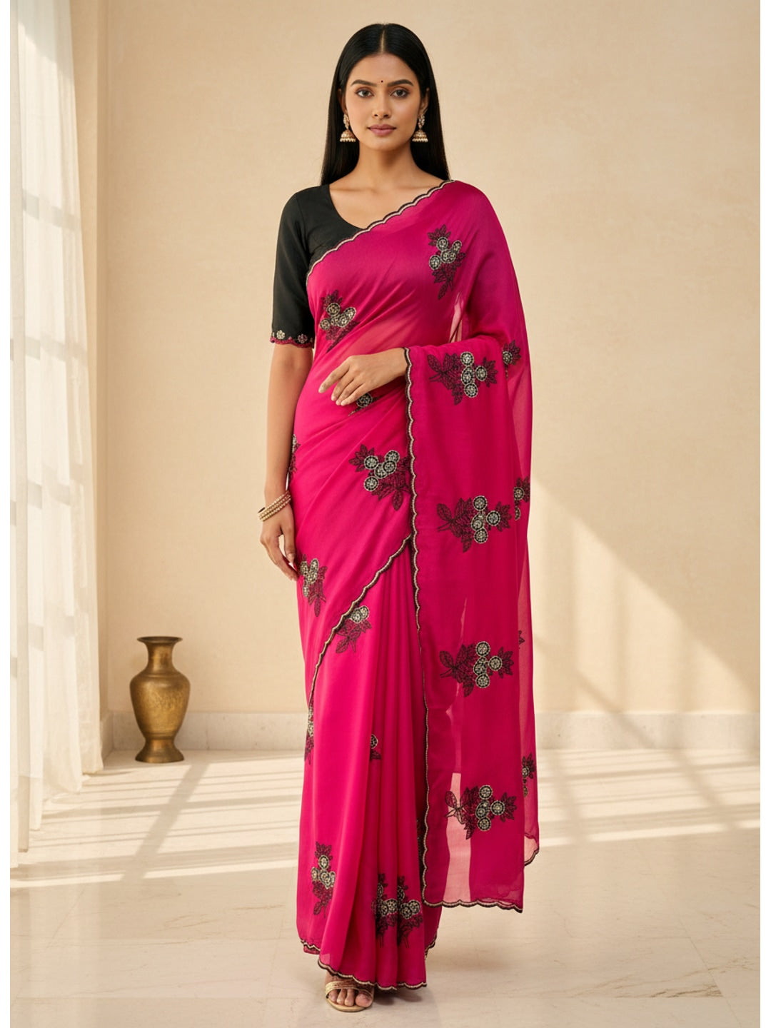 Peachmode Magenta Rangoli Silk Saree with Mirror and Embroidery Work - Image 1