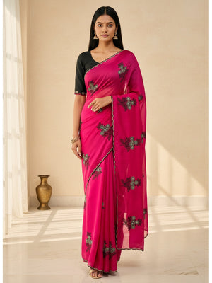Peachmode Magenta Rangoli Silk Saree with Mirror and Embroidery Work - Image 1