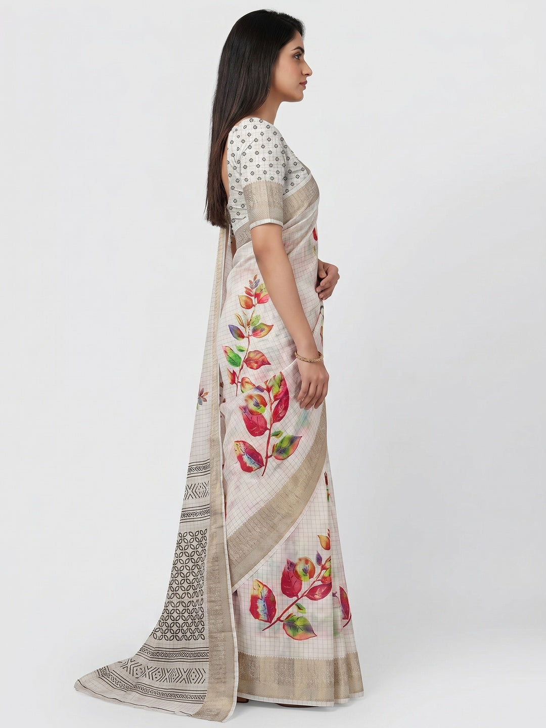 White Floral Printed With Woven Dola Silk Saree - Image 2