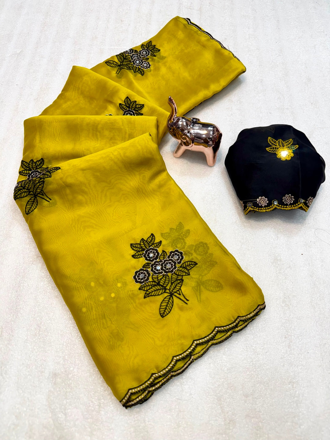 Peachmode Yellow Rangoli Silk Saree with Mirror and Embroidery Work - Image 2
