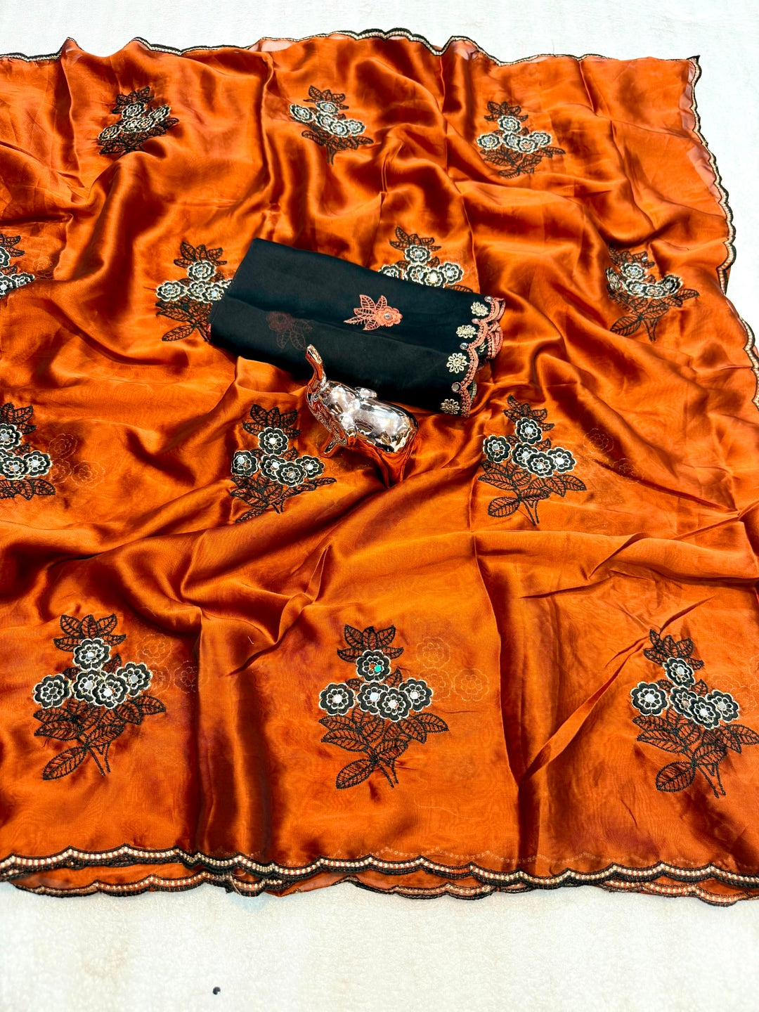 Peachmode Orange Rangoli Silk Saree with Mirror and Embroidery Work - Image 3