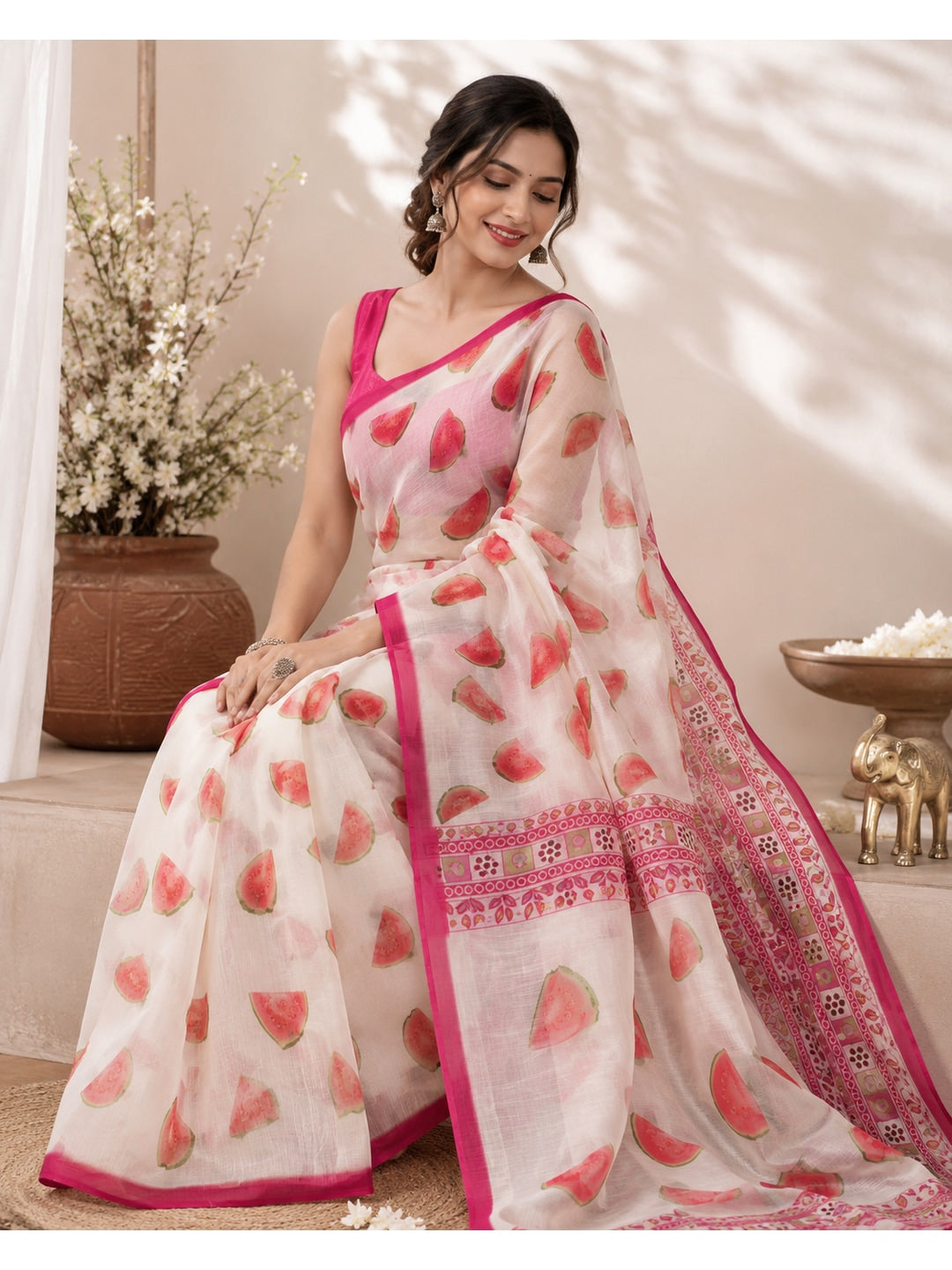Peachmode Pink Soft Linen Saree with Lehariya fruit print - Image 1