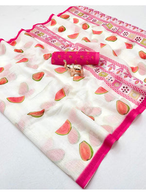Peachmode Pink Soft Linen Saree with Lehariya fruit print - Image 2