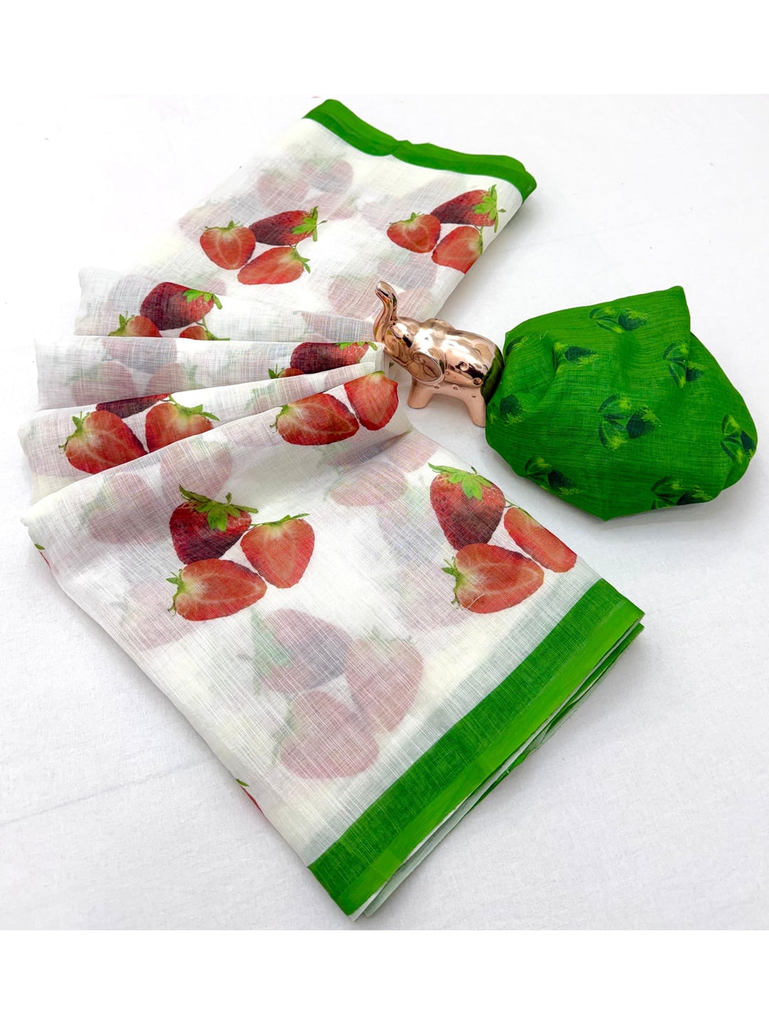 Peachmode Green Soft Linen Saree with Lehariya fruit print - Image 2