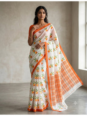 Peachmode Orange Soft Linen Saree with Lehariya fruit print - Image 1