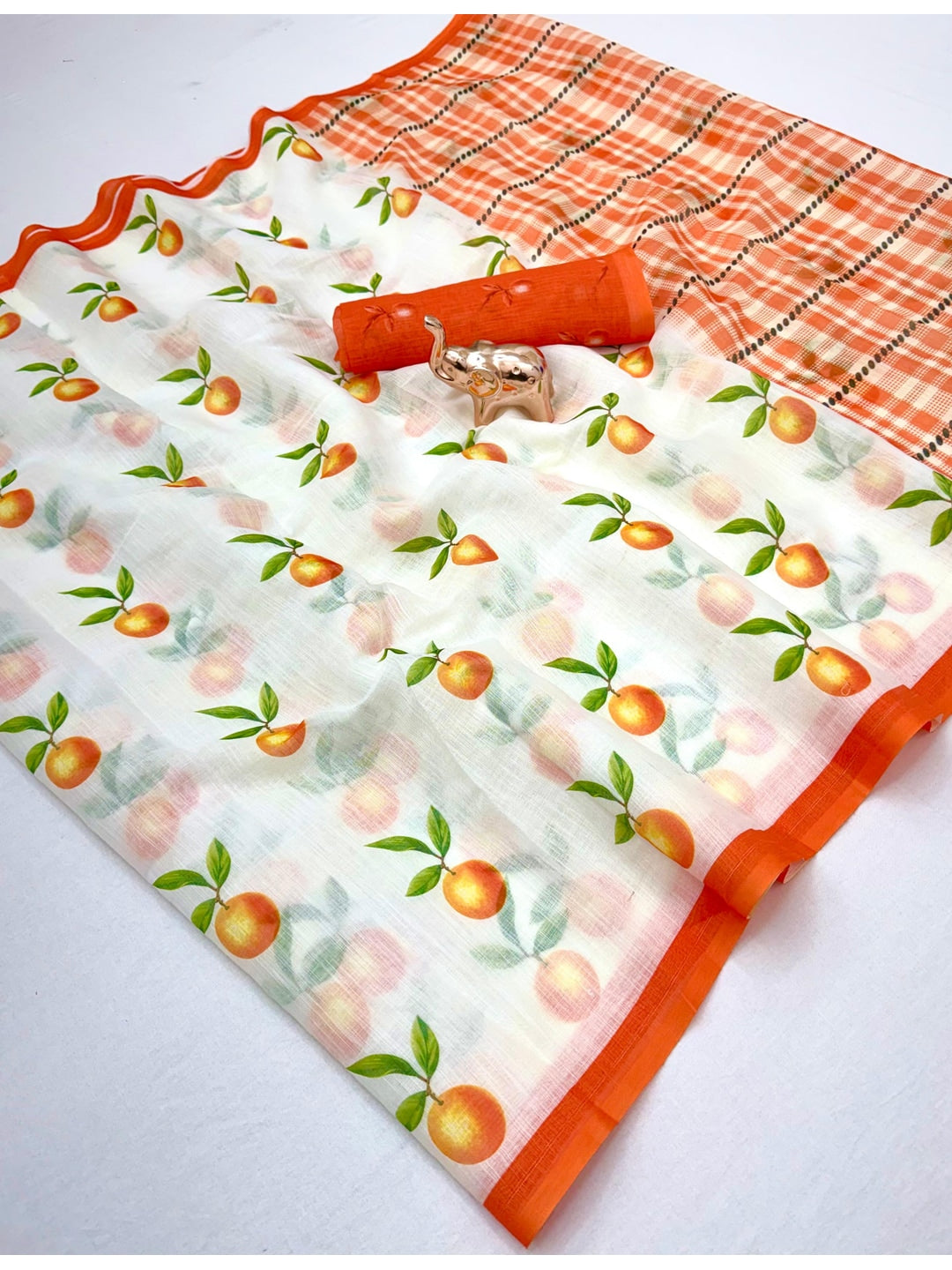 Peachmode Orange Soft Linen Saree with Lehariya fruit print - Image 2