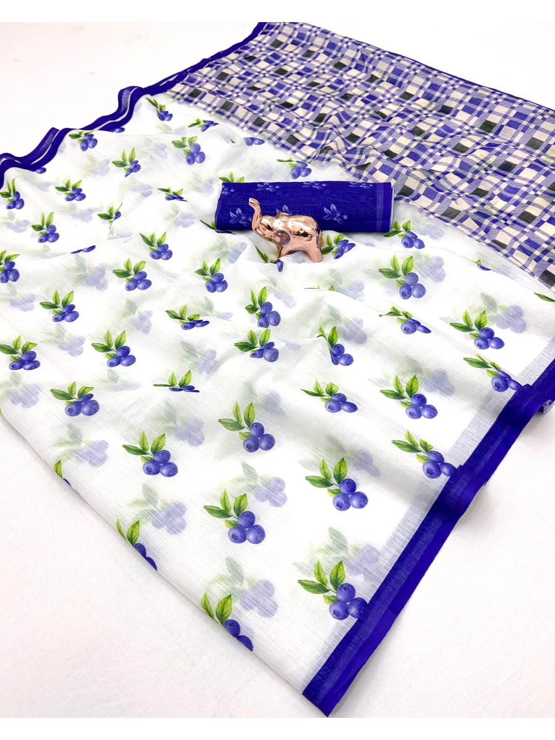Peachmode Blue Soft Linen Saree with Lehariya fruit print - Image 3