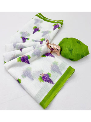 Peachmode Green & Purple Soft Linen Saree with Lehariya fruit print - Image 2