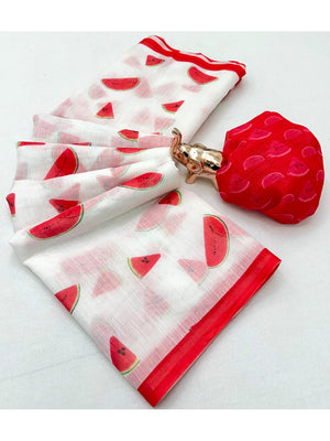 Peachmode Red Soft Linen Saree with Lehariya fruit print - Image 2