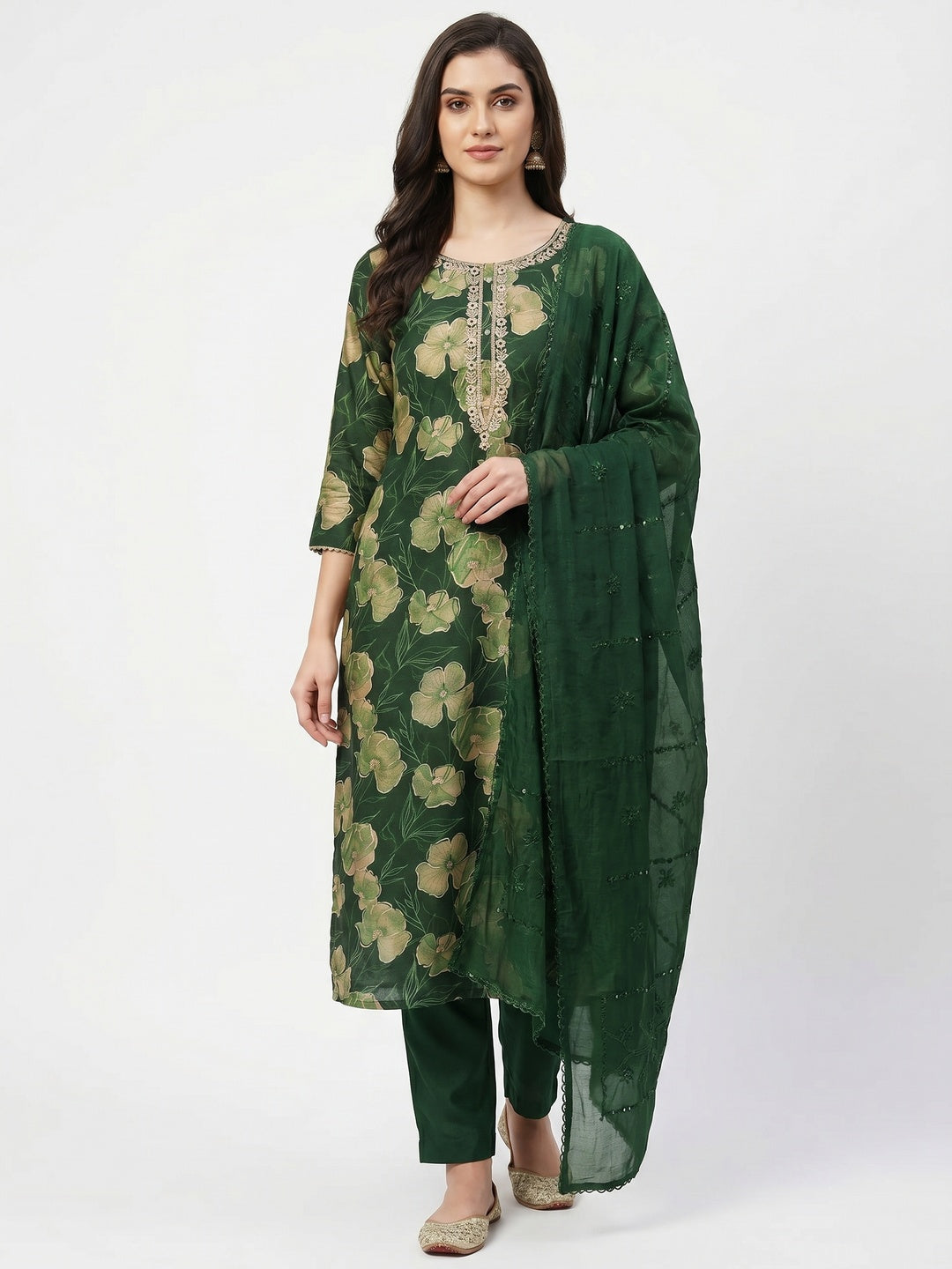 Green Floral Printed With Handwork Cotton Silk Dress Material - Image 1