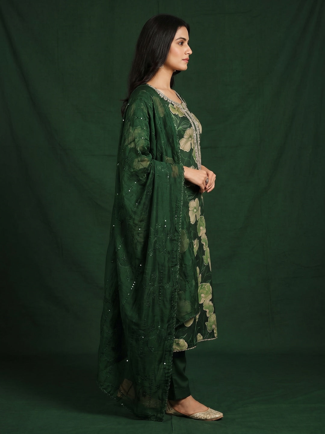 Green Floral Printed With Handwork Cotton Silk Dress Material - Image 3