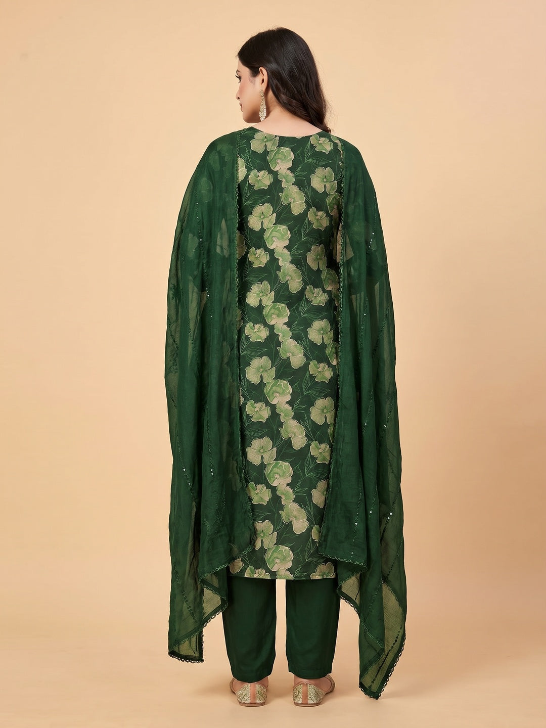 Green Floral Printed With Handwork Cotton Silk Dress Material - Image 2