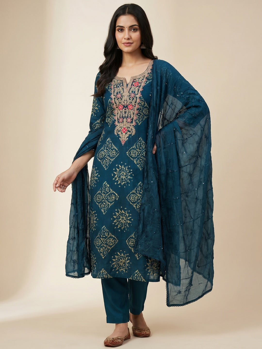 Morpich Printed With Embroidery Cotton Silk Dress Material - Image 1