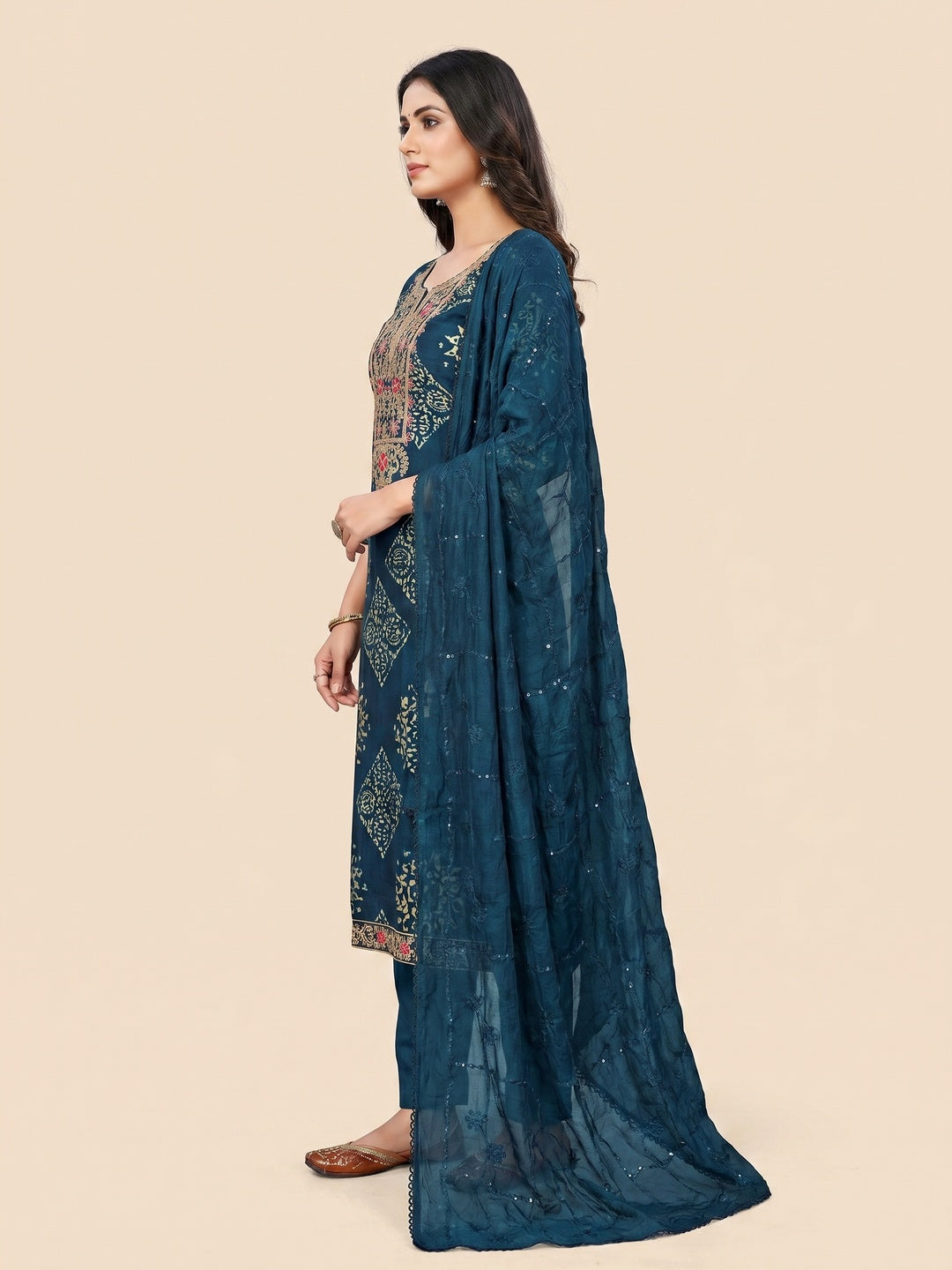 Morpich Printed With Embroidery Cotton Silk Dress Material - Image 3