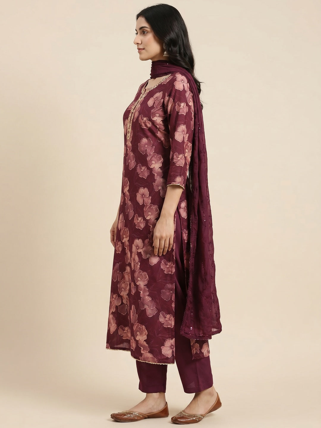 Wine Floral Printed With Handwork Cotton Silk Dress Material - Image 3