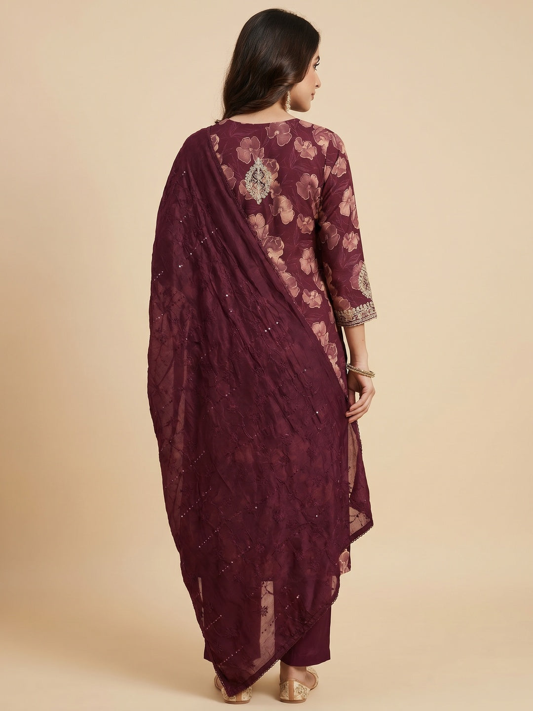 Wine Floral Printed With Handwork Cotton Silk Dress Material - Image 2