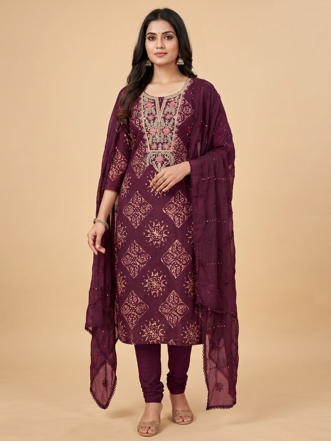 Wine Printed With Embroidery Cotton Silk Dress Material - Image 1