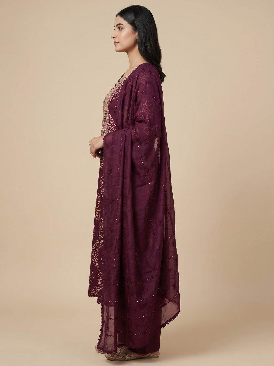 Wine Printed With Embroidery Cotton Silk Dress Material - Image 2