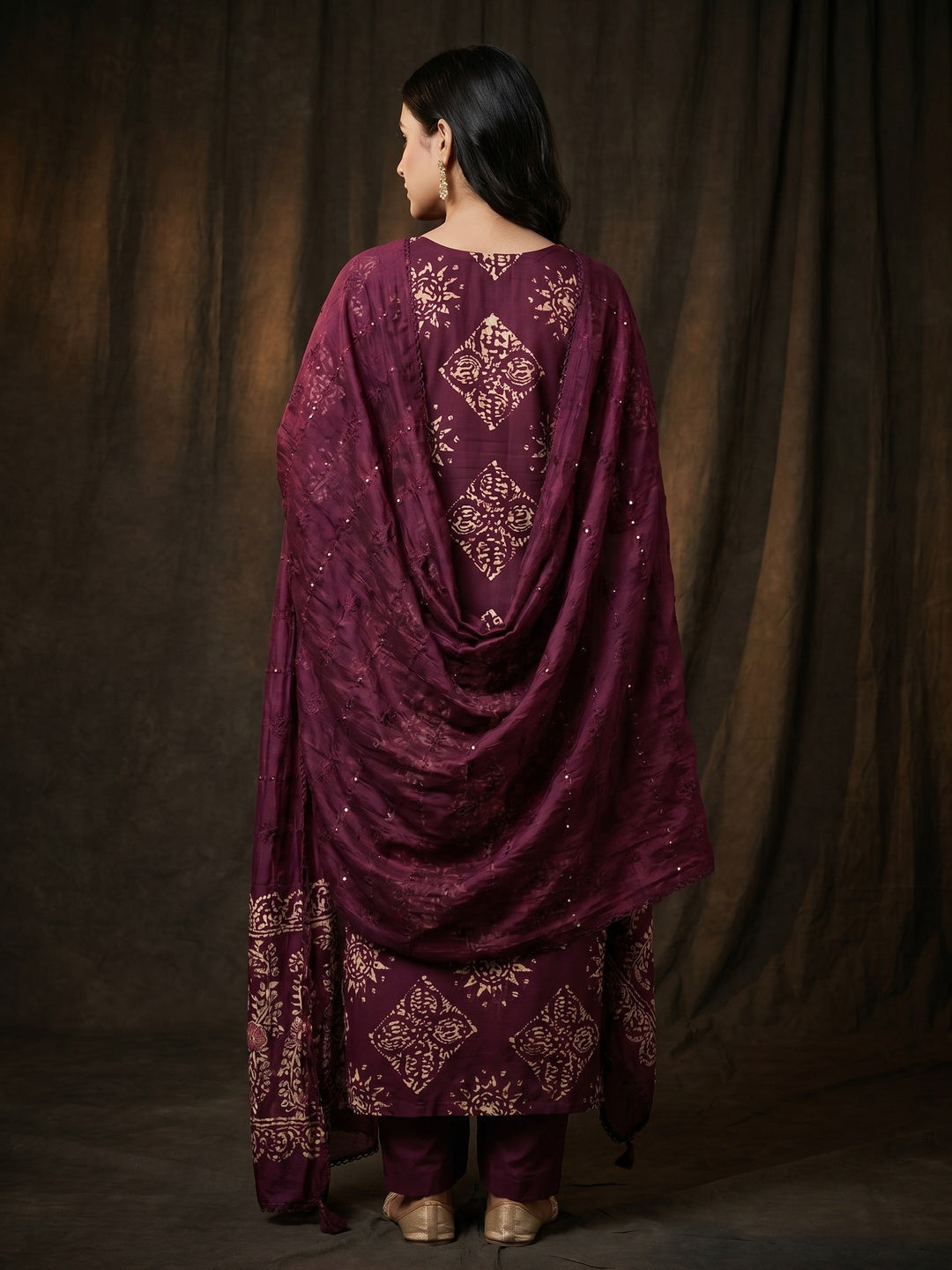 Wine Printed With Embroidery Cotton Silk Dress Material - Image 3