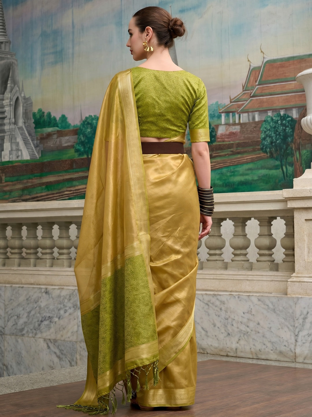 Olive Green Woven Tissue Silk Saree With Tassels - Image 1