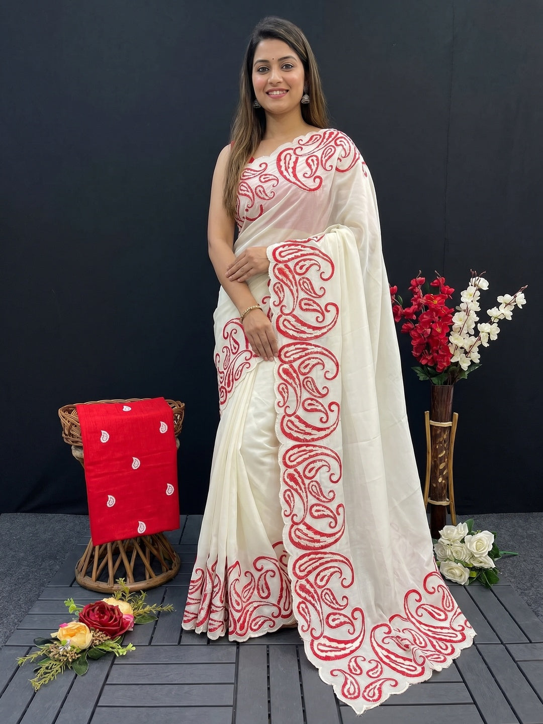 Off White Embroidered Vichitra Silk Saree - Image 1