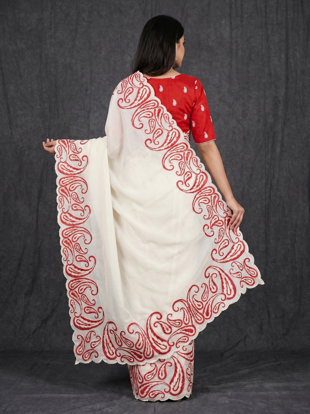Off White Embroidered Vichitra Silk Saree - Image 2