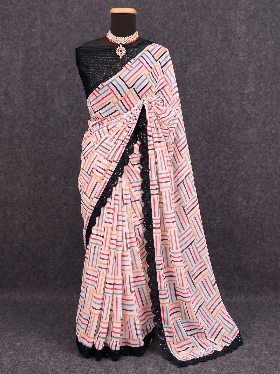 White Printed Georgette Saree With Sequins Border - Image 1