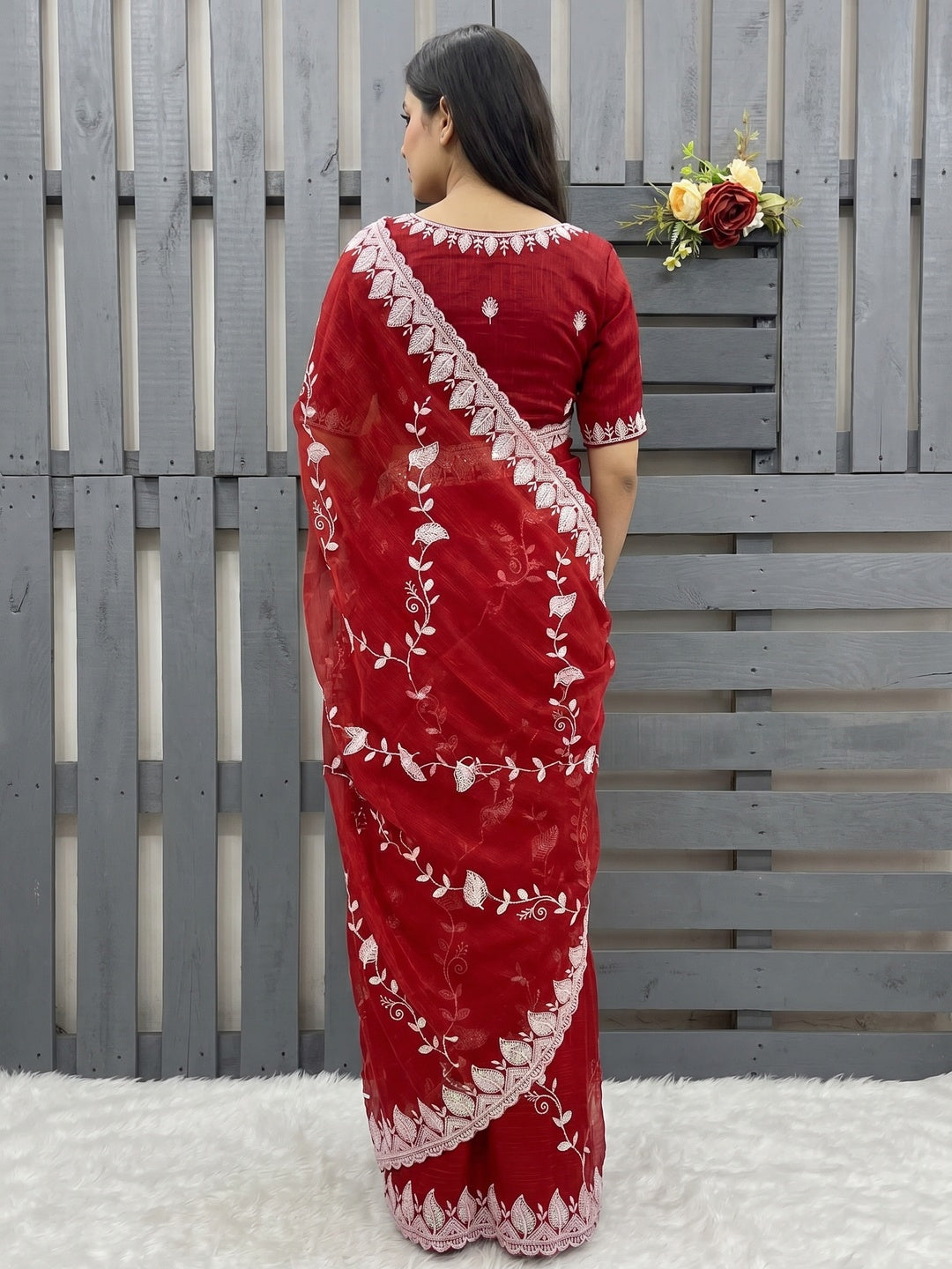 Maroon Sequins Embroidered Chiffon Saree - Image 3