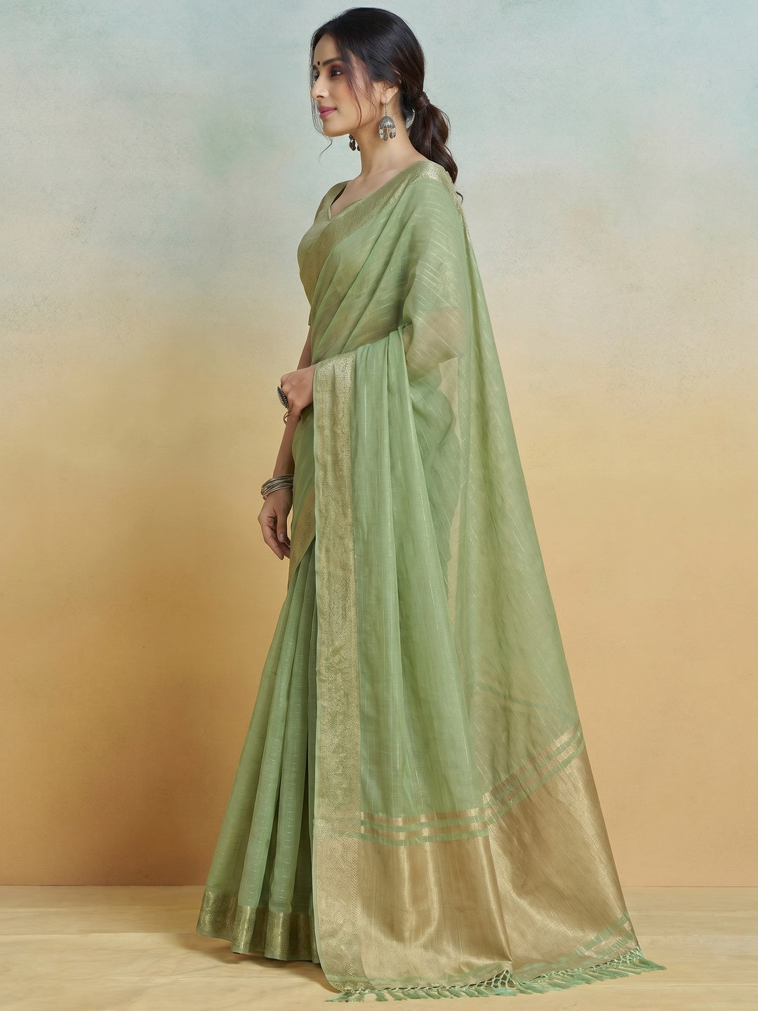 Green Woven Cotton Silk Saree With Tassels - Image 1