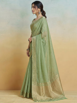 Green Woven Cotton Silk Saree With Tassels - Image 1