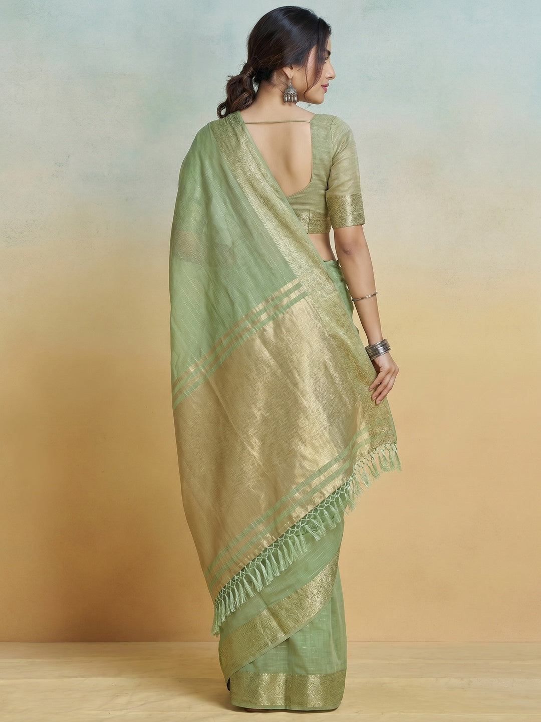 Green Woven Cotton Silk Saree With Tassels - Image 2
