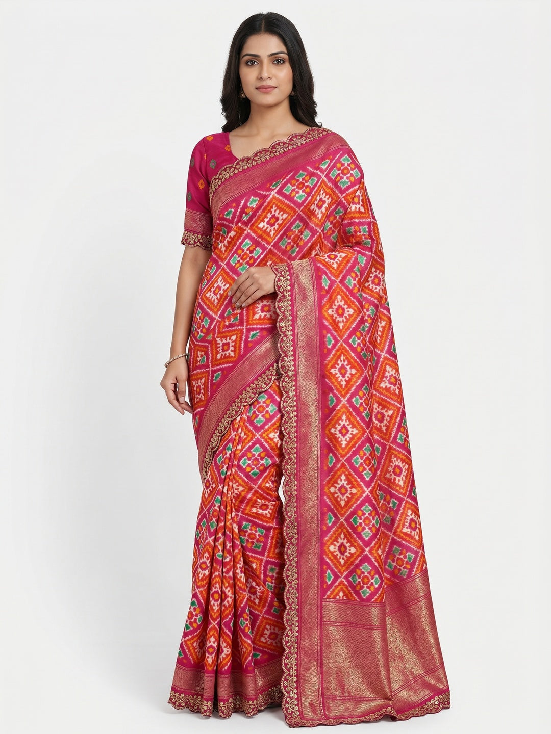 Pink Ikkat Printed Dola Silk Saree With Sequins Embroidery Border - Image 1